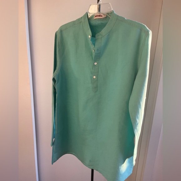 FabIndia Men’s Teal Blue Woven Linen Blend Nehru Kurta roll tab sleeves Sz 38 M - Picture 2 of 12